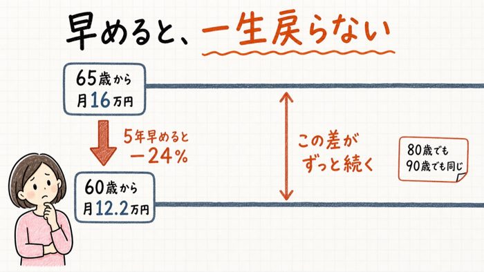 60歳から受け取ると一生戻らないことの図
